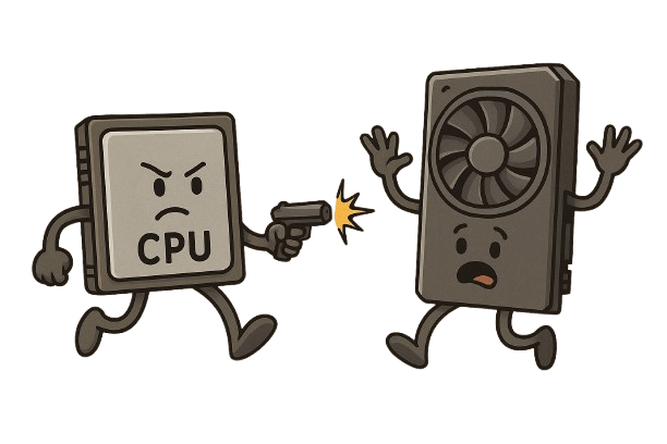 Imagen Ilustrativa de una CPU integrada apuntando con una pistola a una GPU dedicada