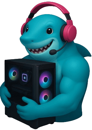 Tiburón mascota abrazando pc gaming